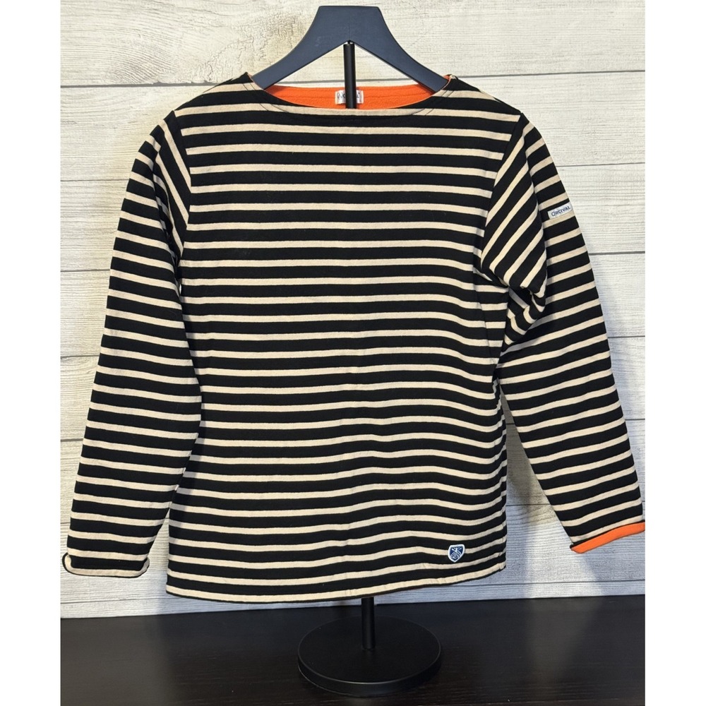 Orcival France Sweater Size 1 Black Cream Striped Fleece Lined Cotton